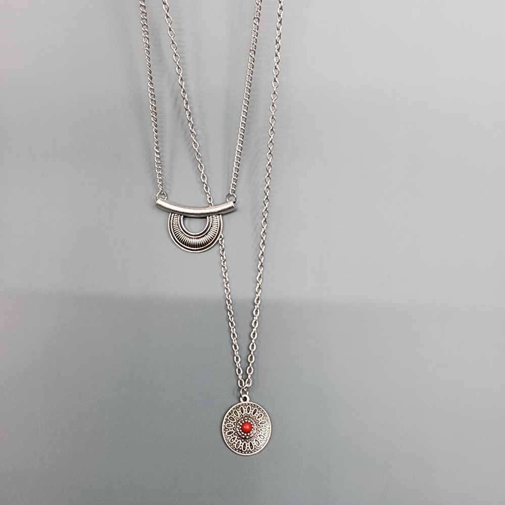 Paparazzi Silver Tone Layered Necklace Earrings Set Red Bead Boho Disc Pendant